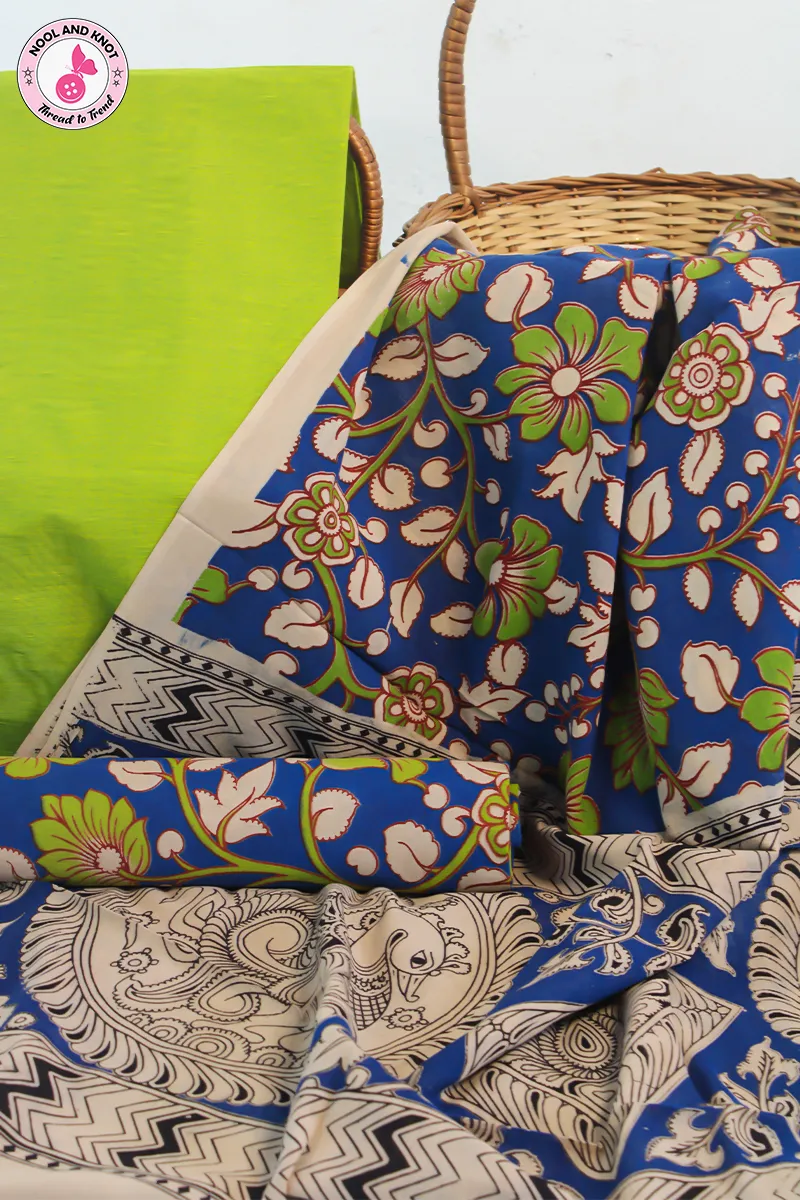 Plain Cotton Salwar Set with Kalamkari Bottom & Dupatta PCS - 4
